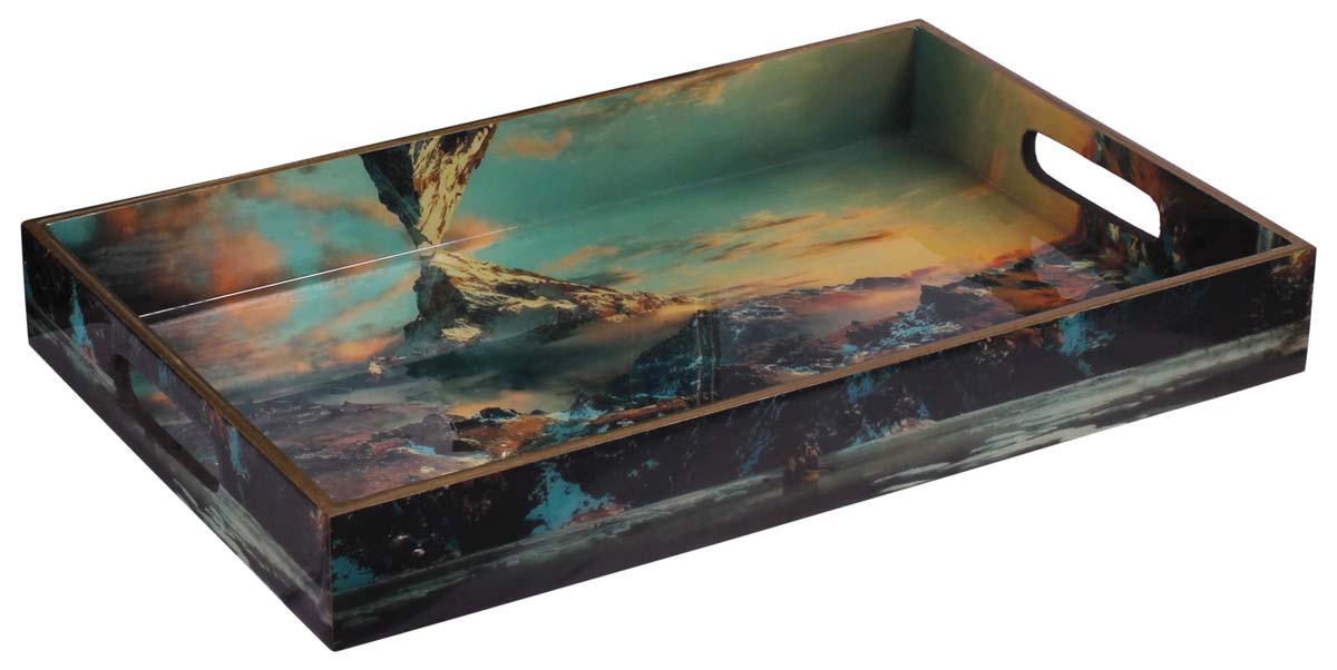 Buy in Bulk Wholesale Serving Tray in MDF - Sky and Brown Color - 16” Hand-Crafted Decorative Tray with High Mountains Enamelled Art - Classic Serve-Ware/Decor/Gifts from India